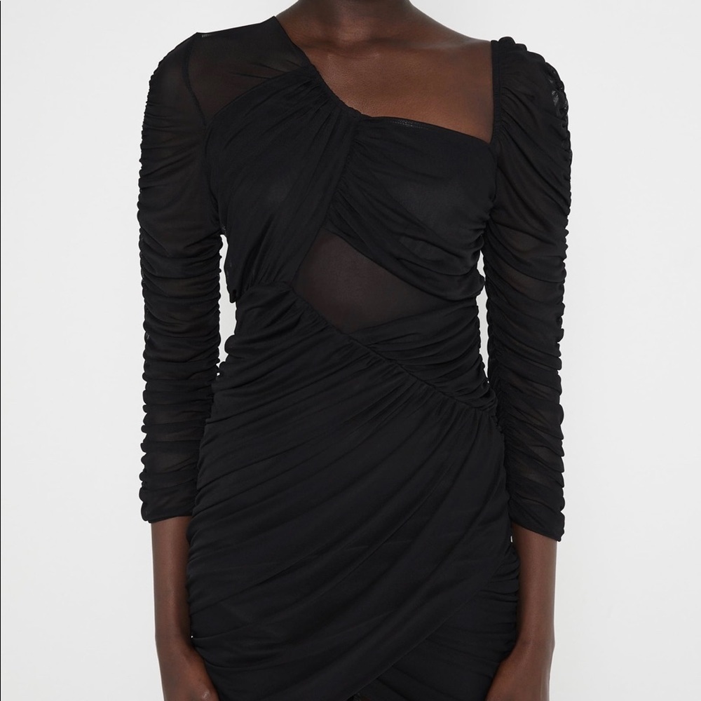 ZARA Draped Ruched Sheer Mini Dress in Black SZ L - Picture 4 of 11